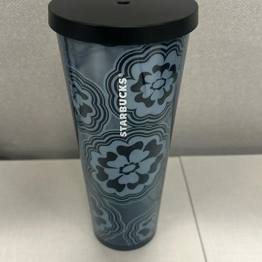 Starbucks Coffee Blue Black Wave Floral Venti Cold Cup Travel‎ Tumbler